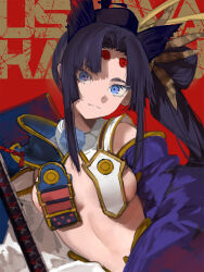 Rule 34 | 1girl, black hair, blue eyes, breast curtains, breasts, character name, detached sleeves, fate/grand order, fate (series), flprayer, hat, highres, katana, long hair, medium breasts, red background, side ponytail, sword, ushiwakamaru (fate), weapon