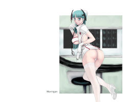 Rule 34 | 1girl, aqua eyes, aqua hair, ark (morita hitomi), ass, bat wings, breasts, capcom, chain, character name, cuffs, gloves, hand to own mouth, handcuffs, hat, head wings, high heels, hime cut, large breasts, looking back, morrigan aensland, nurse, nurse cap, panties, pantyshot, shoes, sideboob, solo, stethoscope, stool, syringe, thighhighs, thong, underwear, vampire (game), wallpaper, white gloves, wings