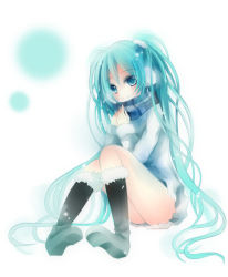 Rule 34 | 1girl, aqua eyes, aqua hair, boots, earmuffs, full body, hatsune miku, knee boots, long hair, maria (m-twi), scarf, scrunchie, simple background, sitting, smile, solo, striped clothes, striped scarf, twintails, very long hair, vocaloid