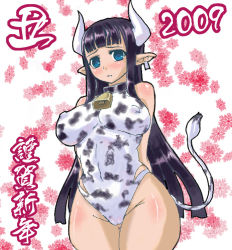 Rule 34 | 1girl, bell, blue eyes, blush, breasts, cow, cowbell, female focus, leotard, nururyun, pussy, solo, white background
