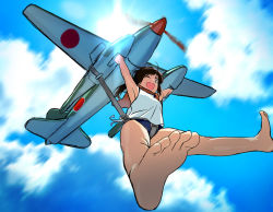 Rule 34 | 10s, 1girl, :d, aircraft, airplane, armpits, bare legs, barefoot, blew andwhite, blue sky, brown eyes, brown hair, cloud, cloudy sky, day, feet, flying, foot focus, from below, hands up, i-401 (kancolle), kantai collection, light rays, one-piece swimsuit, one eye closed, open mouth, ponytail, sailor collar, school swimsuit, school uniform, short hair, short ponytail, sky, smile, soles, solo, sunbeam, sunlight, swimsuit, swimsuit under clothes, toes, wink