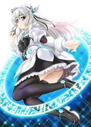 Rule 34 | 1girl, :t, ass, black footwear, boots, chaika trabant, closed mouth, commentary request, dress, food, from side, full body, hair between eyes, hairband, high heels, highres, hitsugi no chaika, holding, holding food, lolita hairband, long hair, long sleeves, magic circle, panties, pantyshot, purple eyes, silver hair, solo, thigh boots, thighhighs, tomoya kankurou, underwear, very long hair, white background, white panties