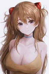 Rule 34 | 1girl, absurdres, alternate breast size, bare shoulders, bbeedol, blue choker, blue eyes, blush, breasts, brown hair, camisole, choker, cleavage, closed mouth, commission, dress, grey choker, hair between eyes, hair ornament, halterneck, highres, large breasts, light smile, long hair, looking at viewer, neon genesis evangelion, pixiv commission, shirt, sleeveless, sleeveless shirt, smile, solo, souryuu asuka langley, spaghetti strap, strap gap, two side up, upper body, yellow dress
