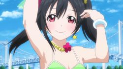 Rule 34 | 10s, 1girl, animated, animated gif, black hair, breasts, bridge, cloud, earrings, flat chest, flower, love live!, love live! school idol project, nail polish, necklace, one eye closed, red eyes, smile, swimsuit, twintails, wink, yazawa nico