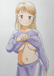 Rule 34 | 1girl, blonde hair, blush, breasts, brown eyes, clothes lift, highres, large breasts, long hair, long sleeves, looking at viewer, marup, navel, purple shirt, purple skirt, shirt, shirt lift, skirt, smile, standing, white background