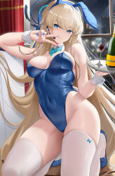 Rule 34 | 1girl, animal ears, bare shoulders, blonde hair, blue archive, blue bow, blue eyes, blue hairband, blue leotard, blue nails, bottle, bow, bowtie, braid, breasts, closed mouth, covered navel, cup, cyicheng, detached collar, drinking glass, earpiece, earrings, fake animal ears, hairband, halo, highleg, highleg leotard, holding, holding tray, jewelry, leotard, long hair, medium breasts, microphone, official alternate costume, official alternate hairstyle, playboy bunny, rabbit ears, stud earrings, thighhighs, thighs, toki (blue archive), toki (bunny) (blue archive), tray, v, very long hair, white thighhighs, wine bottle, wine glass, wrist cuffs