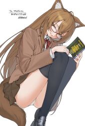 Rule 34 | 1girl, absurdres, animal ears, black footwear, black thighhighs, blazer, blush, book, bow, bowtie, brown hair, brown jacket, brown skirt, brown tail, buttoned cuffs, buttons, character request, check character, commission, full body, grin, hair between eyes, highres, holding, holding book, jacket, loafers, long hair, long sleeves, looking at viewer, marika (zeddaru), original, panties, red-framed eyewear, red bow, red bowtie, roivas, school uniform, shoes, simple background, skeb commission, skirt, smile, solo, thighhighs, underwear, upskirt, white background, white panties, yellow eyes