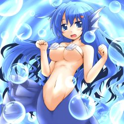 Rule 34 | 1girl, arms up, blue eyes, blue hair, blush, breasts, bubble, fins, floating hair, head fins, large breasts, long hair, matching hair/eyes, mermaid, monster girl, navel, open mouth, original, reku, seashell, shell, shell bikini, solo, underboob, underwater, very long hair