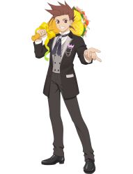 Rule 34 | 1boy, black pants, brown eyes, brown hair, commentary, english commentary, fingernails, flower, formal, full body, highres, holding, holding flower, lloyd irving, long sleeves, looking back, male focus, official art, pants, shoes, smile, solo, spiked hair, tales of (series), tales of asteria, tales of symphonia, teeth