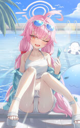 1girl absurdres ahoge bikini blue_archive blue_jacket blue_sky blush breasts commentary_request day eyewear_on_head facing_viewer fang food hair_bobbles hair_ornament halo highres holding holding_food holding_popsicle hoshino_(blue_archive) hoshino_(swimsuit)_(blue_archive) jacket lens_flare long_hair looking_ahead low_twintails off_shoulder official_alternate_costume one_eye_closed open_mouth orange_eyes outdoors pink_hair pink_halo pool popsicle sandals shj1998z sitting skin_fang sky small_breasts smile solo_focus swimsuit twintails white_bikini