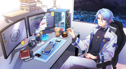 Rule 34 | 1boy, absurdres, ayaka (genshin impact), black shirt, black sweater, blue eyes, blue hair, book, cellphone, chair, character doll, clock, closed mouth, computer, cpu, desk, fork, genshin impact, glasses, hair between eyes, highres, holding, holding fork, hwaen, iphone, jacket, kamisato ayato, keyboard (computer), long sleeves, looking at viewer, looking outside, male focus, mole, mole under mouth, monitor, mouse (animal), night, night sky, pants, phone, shirt, short hair, sitting, sky, slime (genshin impact), smartphone, smile, sweater, table, white jacket, white pants