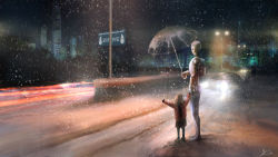 Rule 34 | 1girl, android, animal bag, backpack, bag, building, car, city, highres, lamppost, motor vehicle, original, robot, scarf, scenery, science fiction, sign, skyscraper, smile, snowing, snowman, traffic light, transparent, transparent umbrella, umbrella, vehicle, you (shimizu)