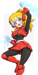 Rule 34 | 1girl, absurdres, armor, black bodysuit, blonde hair, blue eyes, bodysuit, boots, clenched hands, gloves, gonzarez, highres, looking at viewer, magic, mario (series), mighty peach, nintendo, official alternate costume, open mouth, ponytail, princess peach, princess peach: showtime!, red armor, red footwear, solo, visor (armor), white gloves