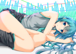 Rule 34 | 1girl, bare shoulders, blue eyes, blue hair, blush, fetal position, hatsune miku, long hair, looking at viewer, lying, matching hair/eyes, necktie, ok-ray, on side, skirt, solo, vocaloid