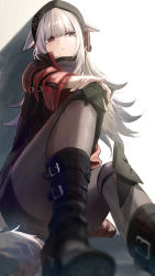 Rule 34 | absurdres, animal ears, arknights, black footwear, black hat, black pantyhose, black skirt, boots, closed mouth, ears through headwear, expressionless, fox ears, fox girl, fox tail, frostleaf (arknights), grey hair, hand on own knee, hat, headphones, highres, jacket, knee boots, knee pads, long hair, long sleeves, looking at viewer, miniskirt, open clothes, open jacket, pantyhose, red eyes, red jacket, sawatani ( swt2), sitting, skirt, tail