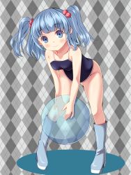 Rule 34 | 1girl, bad hands, ball, bent over, blue eyes, blue hair, boots, highres, kawashiro nitori, oimo (imoyoukan), oimonocake, one-piece swimsuit, school swimsuit, short hair, swimsuit, touhou, twintails, two side up