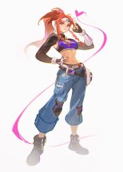 Rule 34 | 1girl, abs, baggy pants, bb brigitte, belt, black belt, black footwear, black sleeves, boots, braid, breasts, brigitte (overwatch), brown eyes, brown hair, chain, crop top, denim, fingerless gloves, freckles, full body, gloves, gold chain, hand on own hip, headband, heart, high ponytail, highres, jeans, jewelry, le sserafim, lips, long hair, looking at viewer, medium breasts, midriff, navel, necklace, overwatch, overwatch 2, pants, ponytail, purple sports bra, road 233, salute, simple background, smile, solo, sports bra, standing, teeth, twintails, two-finger salute, white background