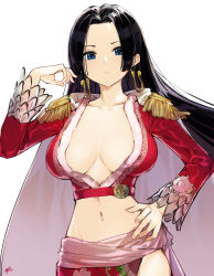 Rule 34 | 1girl, absurdres, black hair, blouse, blue eyes, boa hancock, breasts, breasts apart, cowboy shot, earrings, hand on own hip, hand up, highres, jewelry, large breasts, long hair, long sleeves, looking at viewer, narrow waist, navel, one piece, red shirt, shadow, shirt, simple background, snake earrings, solo, takenoko no you, white background
