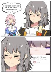 Rule 34 | 2girls, 2koma, absurdres, black choker, cameo, choker, closed eyes, comic, commentary, detached sleeves, earphones, earrings, english commentary, english text, grey hair, hair between eyes, herta (honkai: star rail), highres, hinghoi, honkai: star rail, honkai (series), jacket, jewelry, listening to music, long hair, long sleeves, looking at another, march 7th (honkai: star rail), medium hair, multiple girls, pink hair, purple eyes, simple background, single earring, smile, stelle (honkai: star rail), tied jacket, trailblazer (honkai: star rail), youtube