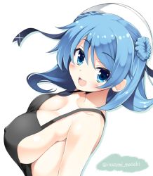 Rule 34 | 10s, 1girl, apron, bare shoulders, beret, blue eyes, blue hair, blush, breasts, cleavage, covered erect nipples, double bun, female focus, hair bun, hat, inuzumi masaki, kantai collection, large breasts, long hair, looking at viewer, looking back, matching hair/eyes, naked apron, open mouth, sideboob, smile, solo, urakaze (kancolle), white hat