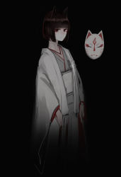 Rule 34 | 1girl, absurdres, animal ears, black background, black eyes, black hair, bob cut, check copyright, copyright request, eyeliner, feet out of frame, fox ears, grey kimono, highres, japanese clothes, kimono, kitsune, looking at viewer, makeup, mask, original, rampart1028, short hair, solo