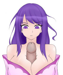 Rule 34 | 1girl, bare shoulders, breasts, cleavage, genshin impact, highres, japanese clothes, kimono, large breasts, long hair, looking at penis, looking down, mole, mole under eye, off shoulder, paizuri, penis, purple eyes, purple hair, purple kimono, raiden shogun, simple background, white background
