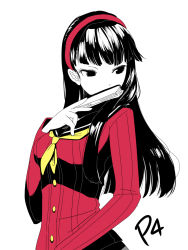 Rule 34 | 1girl, amagi yukiko, breasts, buttons, copyright name, covered mouth, folded fan, folding fan, hairband, hand fan, hand up, highres, holding, holding fan, long hair, long sleeves, medium breasts, neckerchief, persona, persona 4, puchiman, red hairband, school uniform, simple background, solo, white background, yasogami school uniform, yellow neckerchief