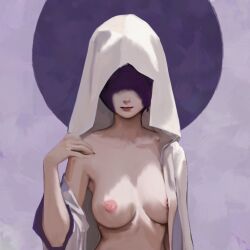 Rule 34 | 1girl, breasts, closed mouth, commentary, english commentary, facing viewer, nipples, nose, original, potameart, purple background, shaded face, solo, topless, upper body, white hood