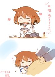Rule 34 | 10s, 1girl, ^ ^, anchor symbol, blue scarf, brown hair, closed eyes, covering with blanket, closed eyes, fang, hair ornament, hairclip, hanomido, heart, highres, ikazuchi (kancolle), kantai collection, long sleeves, neckerchief, open mouth, scarf, school uniform, serafuku, short hair, sleeping, solo focus, teruterubouzu, translation request, under covers, zzz