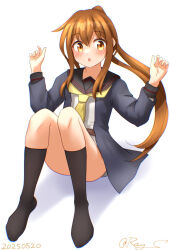 Rule 34 | 1girl, black jacket, black sailor collar, black socks, brown eyes, brown hair, convenient leg, fumizuki (kancolle), fumizuki kai ni (kancolle), jacket, kantai collection, looking at viewer, neckerchief, no pants, one-hour drawing challenge, ponytail, ray.s, sailor collar, shirt, sidelocks, simple background, socks, solo, white background, white shirt, yellow neckerchief