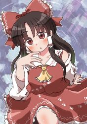 Rule 34 | 1girl, :o, \||/, arm support, armpit crease, ascot, bare shoulders, blunt bangs, bow, breasts, commentary request, cowboy shot, detached sleeves, expressionless, frilled bow, frilled hair tubes, frilled shirt collar, frills, hair tubes, hakurei reimu, hand up, head tilt, highres, knees, long hair, long sleeves, looking at viewer, medium breasts, open mouth, parted bangs, paw print, red bow, red skirt, red vest, ribbon-trimmed sleeves, ribbon trim, rokugou daisuke, sidelocks, skirt, skirt set, solo, touhou, unfinished dream of all living ghost, vest, wide sleeves, yellow ascot