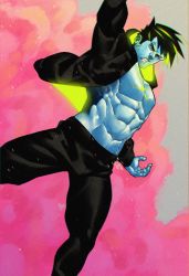 Rule 34 | 1boy, abs, arm up, bad id, bad pixiv id, bara, bare pectorals, black hair, black jacket, black pants, blue oni, blue skin, boxer (danshikobo), bulge, colored skin, dutch angle, frown, glowing, hood, hooded jacket, hoodie, jacket, large pectorals, male focus, muscular, navel, no nipples, oni, open clothes, open hoodie, open jacket, original, pants, pectorals, pink background, short hair, solo, spiked hair, spread legs, thick thighs, thighs