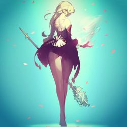 Rule 34 | 1girl, ass, bare back, bare shoulders, blonde hair, detached sleeves, ertheia, from behind, gradient background, lineage, lineage 2, long hair, long sleeves, miniskirt, petals, pointy ears, shaded face, skirt, smile, staff, tattoo, thigh gap