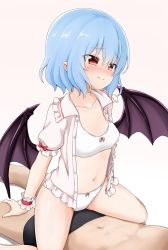 Rule 34 | 1boy, 1girl, absurdres, aqua hair, bat wings, blush, bow, bow bra, bow panties, bra, breasts, commentary request, frilled shirt, frills, girl on top, hair between eyes, hand on another&#039;s leg, highres, looking at another, medium hair, navel, nose blush, panties, partial commentary, petite, pink background, pink bow, pointy ears, red eyes, remilia scarlet, shirt, simple background, sitting, sitting on person, small breasts, straddling, suwa yasai, touhou, training bra, underwear, vampire, white bra, white panties, wings, wrist cuffs