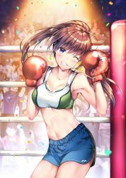 Rule 34 | 1girl, ;d, ahoge, armpits, bare arms, bare shoulders, blue shorts, blurry, boxing gloves, boxing ring, breasts, brown hair, cleavage, collarbone, commentary request, confetti, contrapposto, cowboy shot, crowd, floating hair, hands up, head tilt, long hair, looking at viewer, medium breasts, midriff, mouth hold, navel, one eye closed, open mouth, original, ponytail, purple eyes, rei (rei&#039;s room), short shorts, shorts, smile, solo focus, sports bra, standing, stomach, thighs