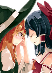 Rule 34 | 2girls, aoi kujira, ascot, black hair, blonde hair, bow, braid, cookie (touhou), crying, detached sleeves, closed eyes, hair bow, hair tubes, hakurei reimu, hand on another&#039;s cheek, hand on another&#039;s face, hat, kirisame marisa, long hair, multiple girls, open mouth, reu (cookie), smile, star (symbol), tears, touhou, uzuki (cookie), witch hat, yellow eyes