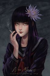 Rule 34 | 1girl, absurdres, artist name, between fingers, black hair, black jacket, cigarette, collarbone, contemporary, dated, eyeshadow, final fantasy, final fantasy xiv, flower, green eyes, grey background, hair flower, hair ornament, hand up, highres, holding, jacket, light smile, long hair, long sleeves, looking at viewer, makeup, mole, mole under mouth, neckerchief, niamorris54, official alternate costume, realistic, red eyeshadow, red neckerchief, sailor collar, school uniform, serafuku, signature, simple background, smoke, solo, straight hair, upper body, white flower, yotsuyu goe brutus