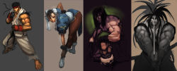Rule 34 | 1girl, 3boys, barefoot, bent over, brolo, capcom, character request, china dress, chinese clothes, chun-li, collage, crossover, dougi, dress, fighting stance, haoumaru, headband, highres, katana, multiple boys, muscular, pantyhose, pelvic curtain, puffy sleeves, ryu (street fighter), samurai spirits, snk, street fighter, sword, topless male, unfinished, weapon