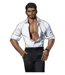 Rule 34 | 1boy, beard, black hair, black pants, chest hair, collared shirt, cowboy shot, dark-skinned female, dark-skinned male, dark skin, facial hair, looking at viewer, male focus, muscular, muscular male, original, pants, partially unbuttoned, pectorals, rinotuna, shirt, shirt tucked in, short hair, short sleeves, simple background, smile, solo, striped clothes, striped pants, watch, white background, white shirt, wristwatch