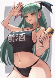 Rule 34 | 1girl, absurdres, alcohol, alternate costume, ap cammy, bare shoulders, beer, black panties, black tank top, breasts, can, cleavage, commentary request, cowboy shot, darkstalkers, demon girl, green hair, head wings, highres, holding, holding can, large breasts, morrigan aensland, navel, panties, revision, solo, tank top, translation request, underwear, wings