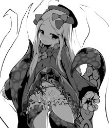 Rule 34 | 1girl, abigail williams (fate), black hat, bloomers, blush, bow, bug, butterfly, clothes lift, commentary request, dress, dress lift, fate/grand order, fate (series), forehead, greyscale, hair bow, hat, head tilt, insect, long hair, long sleeves, looking at viewer, monochrome, nose blush, parted bangs, parted lips, pussy, samurairx, sleeves past fingers, sleeves past wrists, solo, standing, suction cups, tentacles, underwear, very long hair