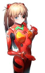 Rule 34 | 1girl, absurdres, bad id, bad twitter id, blue eyes, bodysuit, brown hair, cowboy shot, evangelion: 3.0 you can (not) redo, eyepatch, hair between eyes, hamita1220, headgear, highres, interface headset, long hair, looking at viewer, making-of available, neon genesis evangelion, plugsuit, rebuild of evangelion, red bodysuit, shiny clothes, simple background, solo, souryuu asuka langley, standing, twintails, two side up, white background