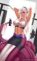 Rule 34 | 1girl, armpits, arms behind head, arms up, black hairband, blush, breasts, closed mouth, commentary, dark-skinned female, dark skin, english commentary, groin, hairband, highres, indoors, lamia, large breasts, long hair, looking at viewer, midnight (banyex), monster girl, navel, original, patreon username, pointy ears, red eyes, scales, sidelocks, smile, solo, sports bra, sweat, tail, tying hair, white hair