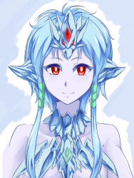 Rule 34 | 1girl, anivia, blue hair, blue skin, colored skin, ice, league of legends, nam (valckiry), personification, portrait, red eyes, short hair with long locks, smile
