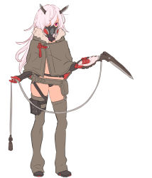 Rule 34 | 1girl, absurdres, belt, black footwear, black panties, blade horns, boots, brown capelet, capelet, contrapposto, covered mouth, enkyo yuuichirou, full body, gas mask, gloves, grey thighhighs, hair between eyes, hair over one eye, highres, holding, holding weapon, horns, leg strap, long hair, looking at viewer, mask, one eye covered, original, panties, pink hair, pouch, red eyes, red gloves, simple background, solo, standing, tassel, thigh strap, thighhighs, underwear, weapon, white background