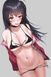 Rule 34 | 1girl, azur lane, bad id, bad pixiv id, bare shoulders, bikini, black bikini, black hair, blush, breasts, choker, cleavage, eyewear on head, grey background, hair between eyes, highres, jacket, large breasts, long hair, looking at viewer, navel, official alternate costume, race queen, red eyes, red jacket, solo, swimsuit, taihou (azur lane), taihou (enraptured companion) (azur lane), thighs, tongue, tongue out, undressing, yamiiv