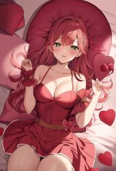 Rule 34 | 1girl, absurdres, arm garter, bed sheet, belt, breasts, brown belt, cleavage, dress, dutch angle, frilled cuffs, from above, green eyes, hair ornament, hair ribbon, halter dress, halterneck, hands up, hatsuno xxx, head on pillow, heart, highres, hololive, large breasts, long hair, looking at viewer, lying, on back, open mouth, raised eyebrows, red dress, red hair, red ribbon, red theme, ribbon, sakura miko, sidelocks, sleeveless, sleeveless dress, smile, solo, thighs, valentine, virtual youtuber, wrist cuffs