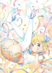 Rule 34 | 1girl, ahoge, ankle ribbon, ass, blonde hair, blouse, blue bow, blue eyes, blush, bow, commentary request, confetti, hair between eyes, hair bow, hand on own face, hand up, leg ribbon, legs up, lying, meito (maze), on back, orange sailor collar, orange skirt, original, pennant, pleated skirt, ribbon, sailor collar, school uniform, serafuku, shirt, short sleeves, skirt, solo, string of flags, thighhighs, two side up, white background, white shirt