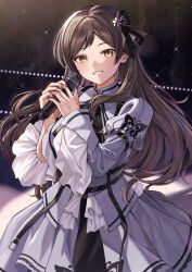 Rule 34 | 1girl, black hair, blush, commentary request, dress, hair ornament, highres, holding, holding microphone, idolmaster, idolmaster million live!, idolmaster million live! theater days, kitazawa shiho, kurousagi yuu, long hair, long sleeves, looking at viewer, microphone, nail polish, parted lips, proud of stage (idolmaster), red nails, smile, teeth, white dress, yellow eyes