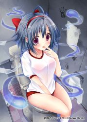 Rule 34 | 1girl, ahoge, blush, bow, breasts, collarbone, company name, finger in own mouth, ghost, grey hair, hair bow, hair ribbon, hairband, hanako-san (toire no hanako-san), handprint, kneehighs, looking at viewer, medium breasts, paper, parted lips, picpicgram, purple eyes, red bow, ribbon, shinkai no valkyrie, short hair, sitting, smile, socks, solo, tape, toilet, toilet paper, toilet stall, toilet use, white socks